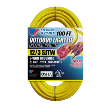 U.S. WIRE & CABLE 100ft 12/3 SJTW Yellow Ext Cord w/Lighted Ends, NEMA 5-15 74100
